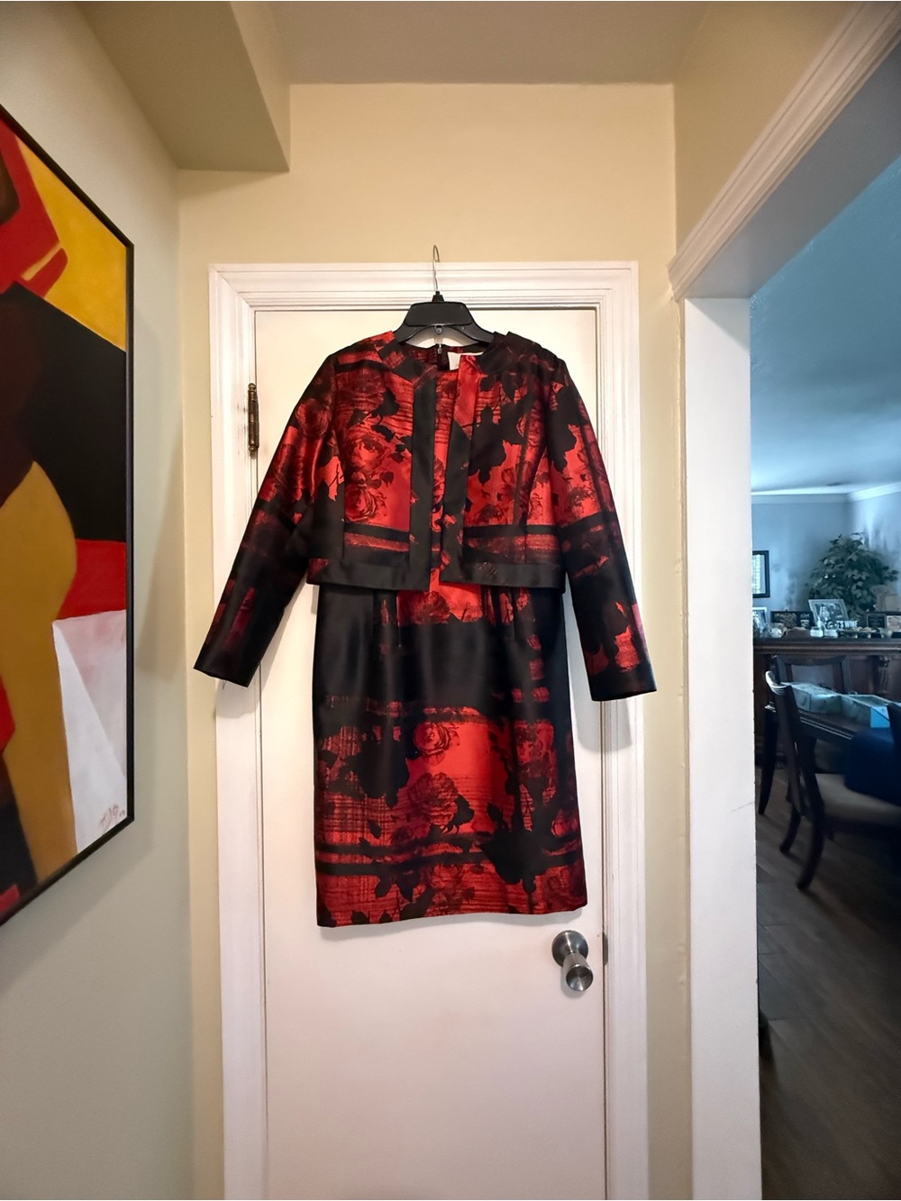 Carolina Herrera Red and Black Floral Jacquard Dress and Jacket Set